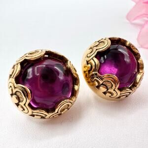 Vintage 1928 Purple Gripoix Style Chunky Glass  Stud Earrings Regency Opulent